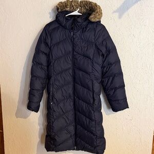 Marmot Montreal Duck Down Feather Blue Coat Long Fur Hood Women's Size Small